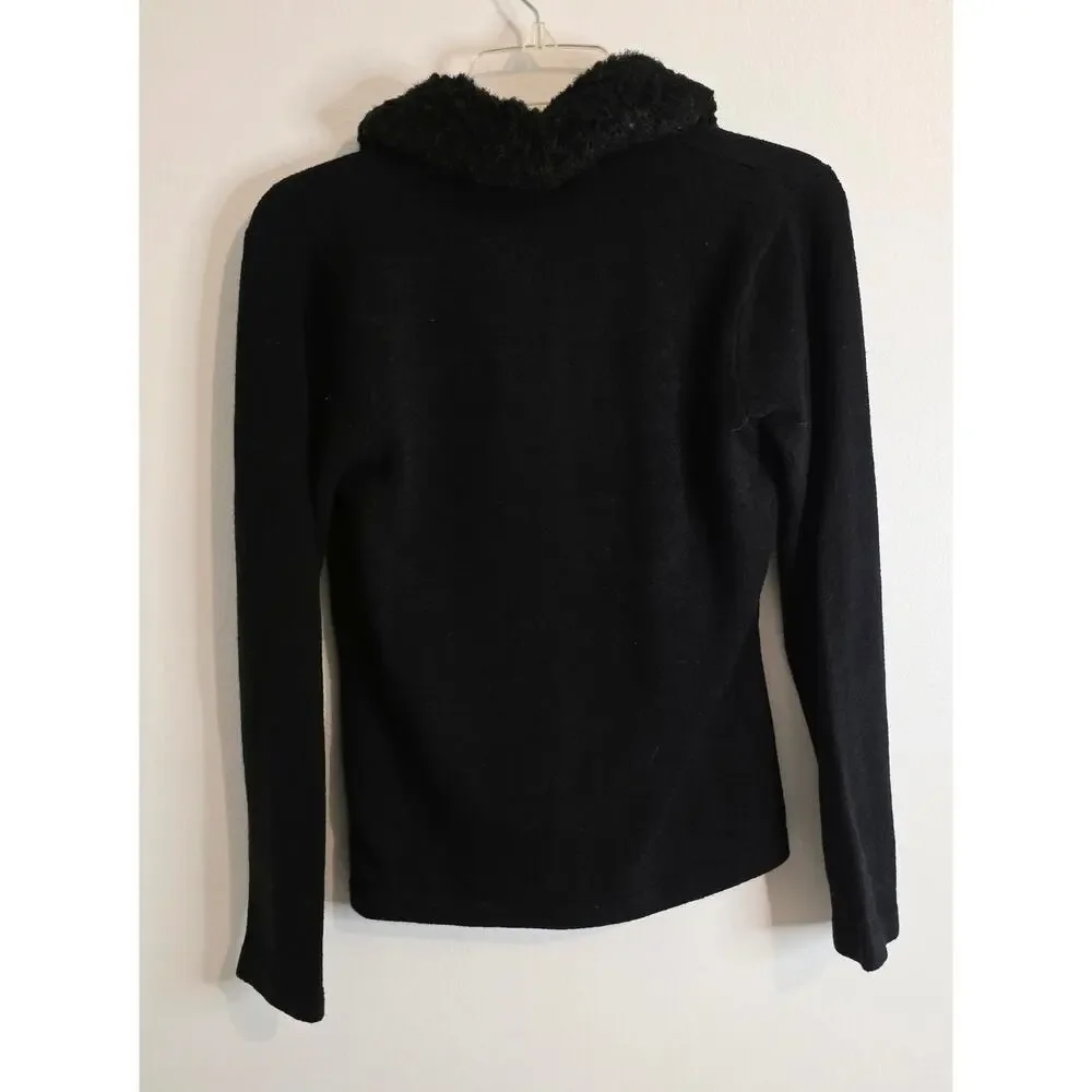 Liz Claiborne Faux Fur Collar Cardigan Sweater Black Petite Size Tag Removed